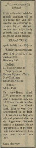 overlijdensadvertentie klaas tuik in 1980.